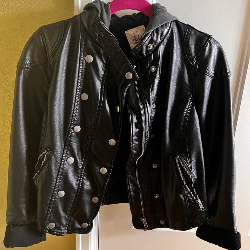 Women’s xs vegan leather jacket with hood!